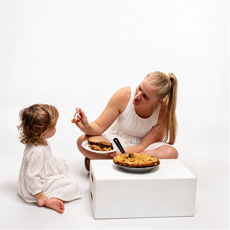 Kara sharing pie with Isla Rose beside a polished white display box
